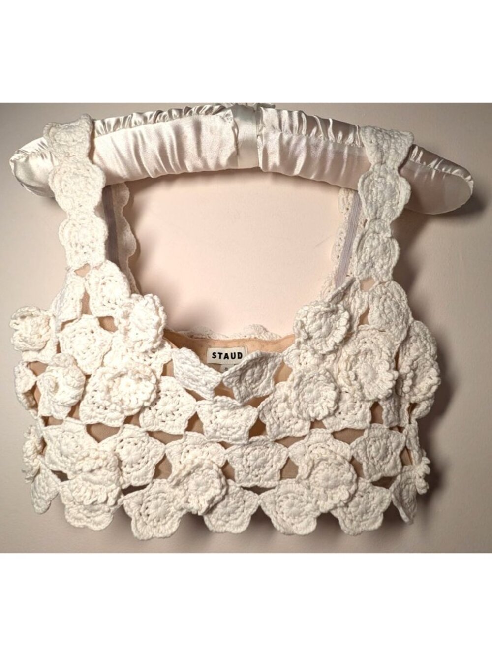 STAUD Floral Crochet Cropped Top, Ivory, Size Small